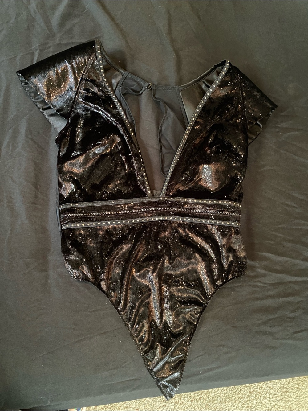 Victoria's Secret Black Velvet Bodysuit with Rhinestone Trim